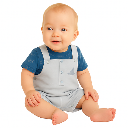 Junior Rouned Printed Jumpsuit Baby Boy -Blue,Gray