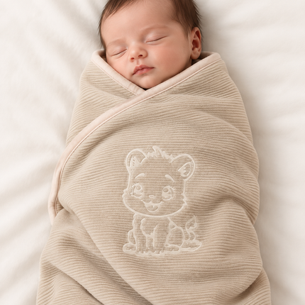 Beige Hooded Baby Blanket – كوفرتة أطفال بيج بغطاء رأس بتصميم الأسد