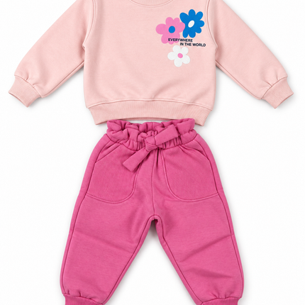 Fleece-Lined Floral Baby Sweatshirt & Jogger Set – طقم أطفال شتوي مبطن سويت شيرت وبنطلون بتصميم الزهور