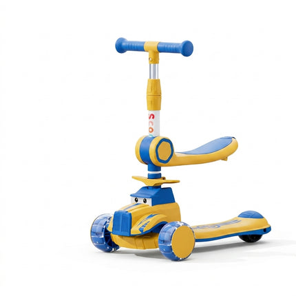 2-in-1 Kids Ride-On & Scooter with Seat and Lights yellow| سكوتر وركوبة أطفال 2 في 1 بمقعد وإضاءة
