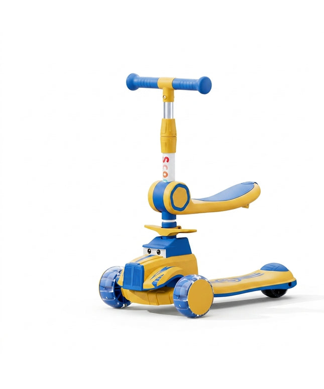 2-in-1 Kids Ride-On & Scooter with Seat and Lights yellow| سكوتر وركوبة أطفال 2 في 1 بمقعد وإضاءة