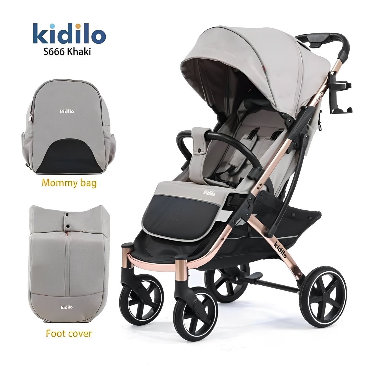 Kidilo Stroller with Mommy Bag + Winter Cover S666 | عربة أطفال من كيديلو مع حقيبة للأم وكفر شتوي