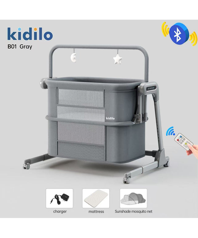 Kidilo B01 Smart Electric Bedside Crib with Bluetooth & Remote Control - grey