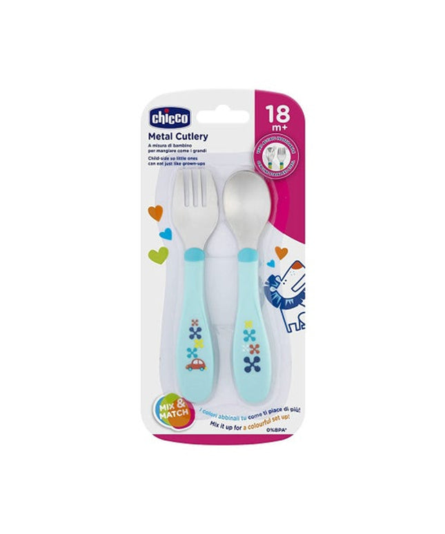Metal Cutlery 18M+ Boy/Neutral | طقم أدوات مائدة معدنية للأطفال من تشيكو – 18 شهرًا فما فوق